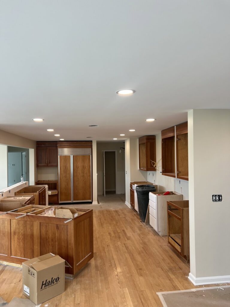 A kitchen undergoing renovation with new recessed lighting installed by Ace Electrical Services LLC in Owensboro, KY.