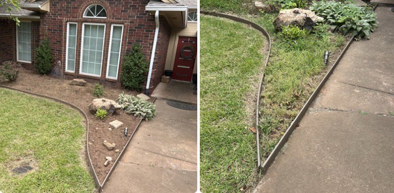 A split image showing a landscape bed with clean edging, demonstrating professional service by Lawns Plus More LLC in Edmond, OK.