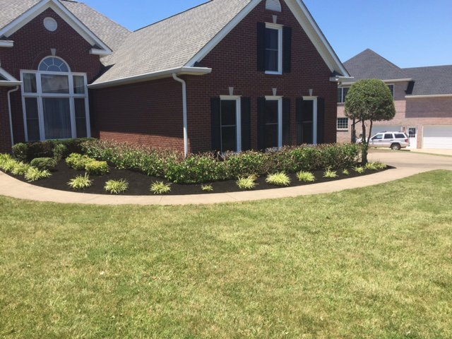 A large, well-maintained flower bed with mulch and plants next to a mowed lawn by Cutting Edge Lawn Services in Islip, NY