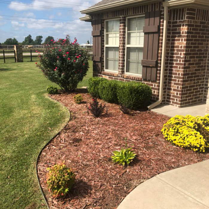 A beautifully landscaped front yard with fresh mulch and trimmed bushes, showcasing work by A&B Lawn Services in Baytown, TX.