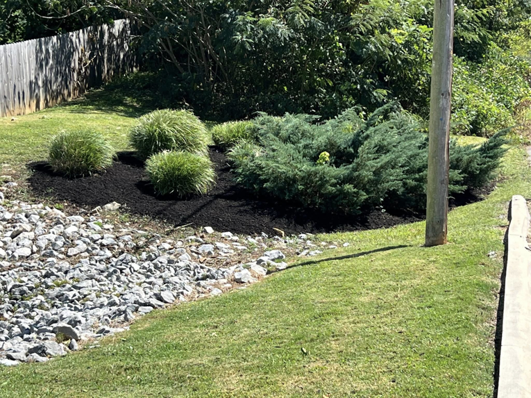 A beautifully landscaped garden bed with various shrubs and dark mulch by All Things Lawncare in Knoxville, TN.