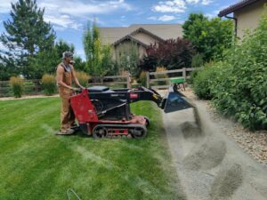 A landscaper using a Toro Dingo compact utility loader to spread gravel for a path, a service by Front Range Finest in Fort Collins, CO.
