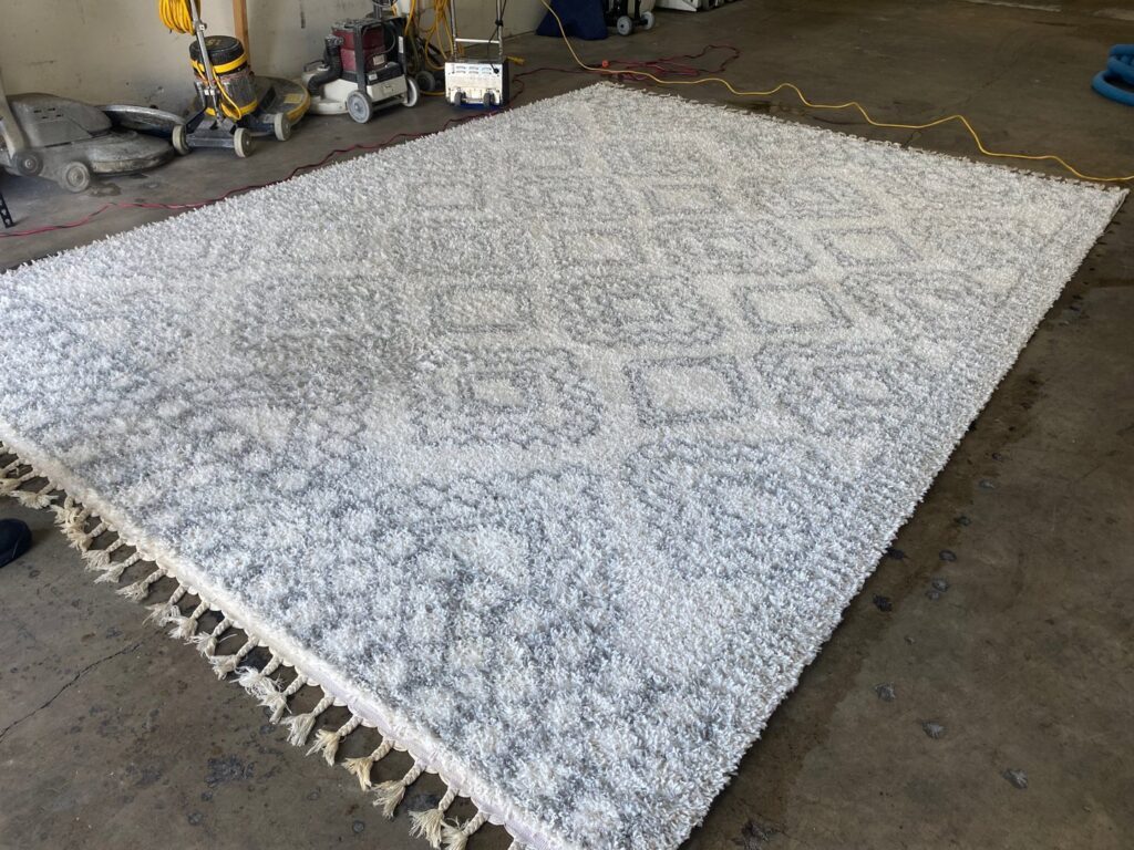 A large area rug undergoing professional cleaning on a concrete floor by Raysco, Inc. in Las Vegas, NV.