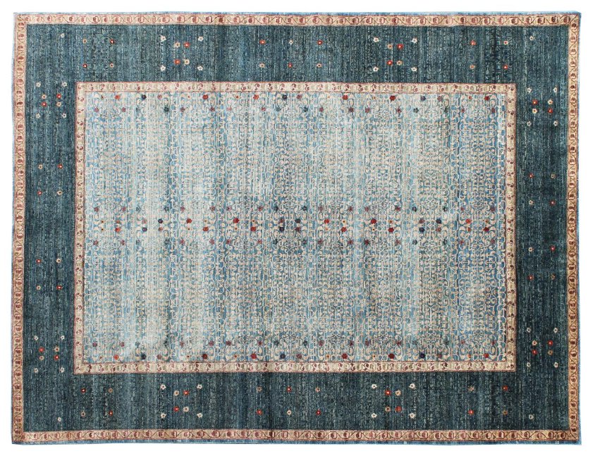 An overhead view of a large blue and light blue patterned rug, a product available from Yayla Tribal Rugs, Inc. in Cambridge, MA.