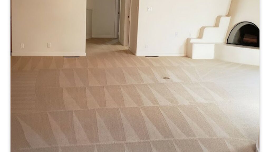 A large, light-colored carpeted room with distinct cleaning lines after service by Steamaway Carpet Cleaning in Albuquerque, NM.