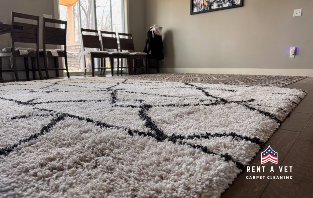 A large, clean area rug with a geometric pattern in a living room by Rent A Vet Carpet Cleaning in St. Charles, MO.
