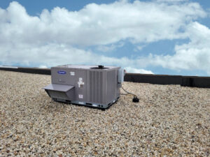A large commercial rooftop Trane HVAC unit installed by 365 Heating & Cooling in North Aurora, IL.