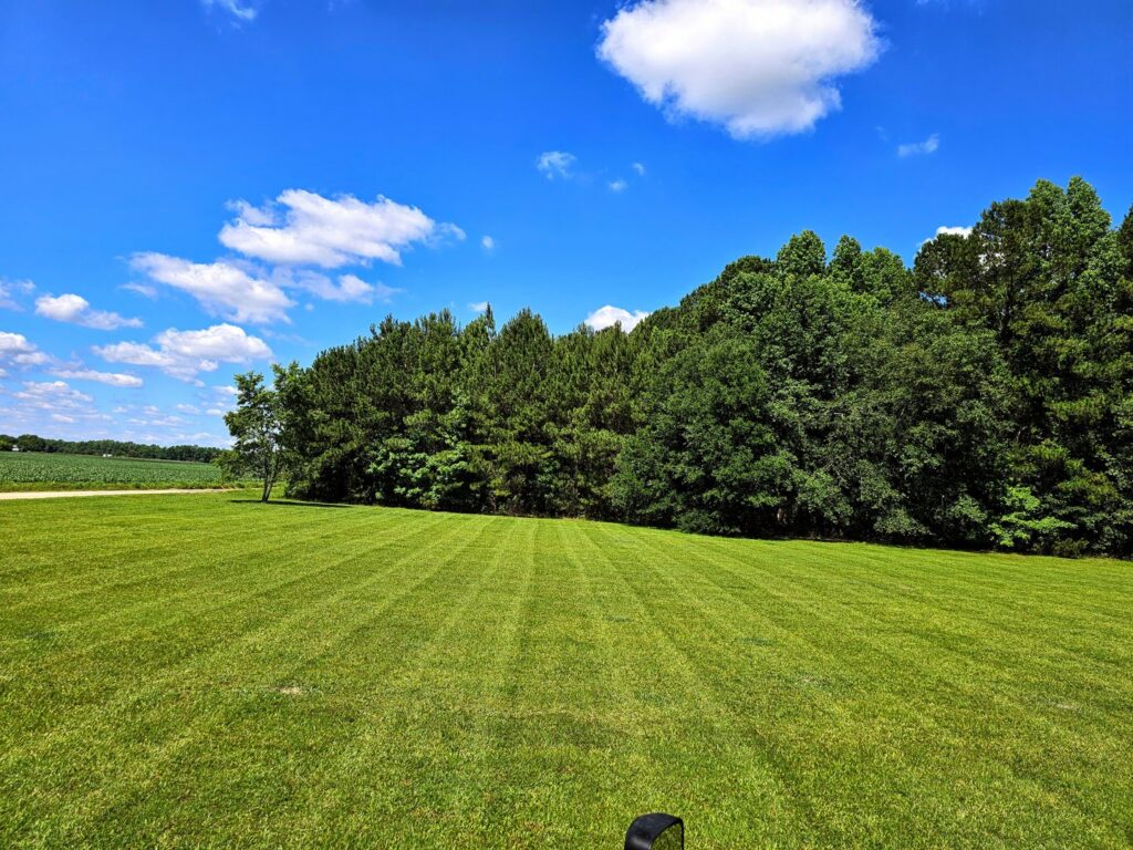A large, freshly mowed lawn with distinct stripes, showcasing professional work by Kirby's Lawn Care Service in Franklinton, LA.
