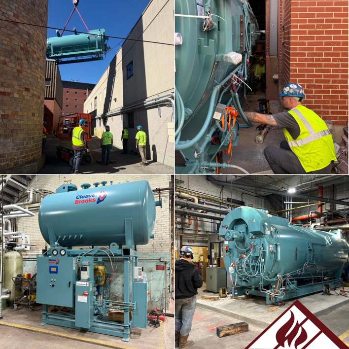 Technicians installing and servicing a large industrial boiler for BJ Muirhead Co., Inc. in Orchard Park, NY.