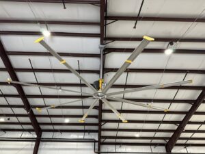 A large industrial ceiling fan, part of an HVAC system installation by Emergency Air in Chandler, AZ.