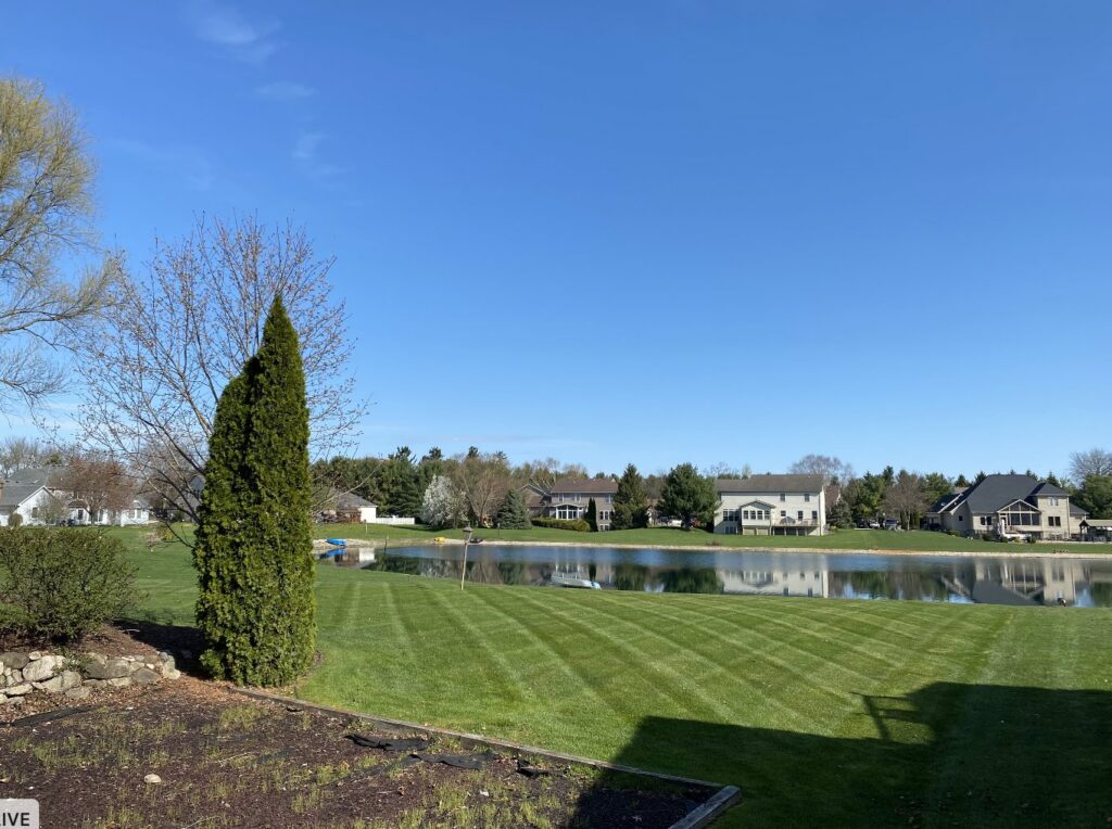 A large residential lawn with distinct mowing stripes next to a scenic pond, maintained by Roots Lawn Care Solutions in Granger, IN.