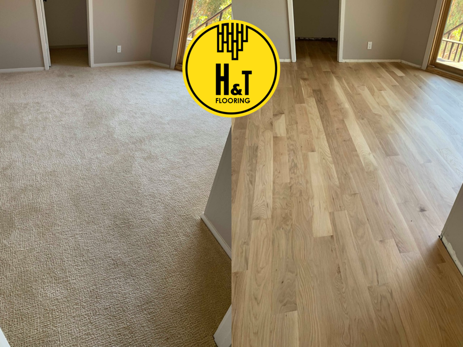 Split image showing old carpet on the left and new hardwood flooring on the right in a large room by H & T Flooring in Clarksville, TN