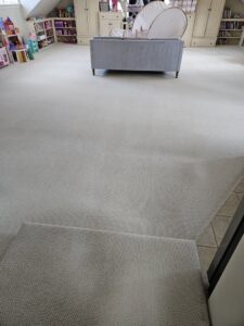 A large room featuring freshly cleaned carpet with distinct patterns, a service by Clean Technologies, LLC in Middletown, PA.
