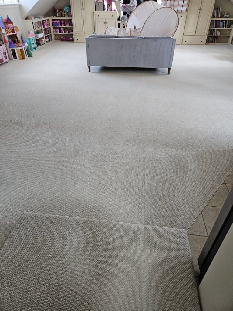 A large room featuring freshly cleaned carpet with distinct patterns, a service by Clean Technologies, LLC in Middletown, PA.
