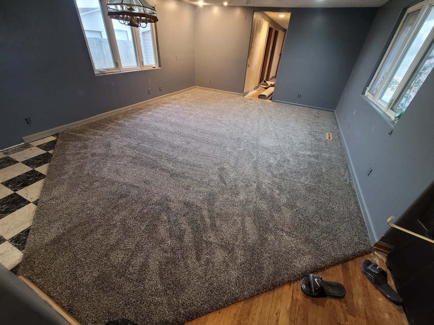 A large room showcasing new grey carpet installation, transitioning to other flooring, by Washington Family Flooring LLC in Bellevue, NE.