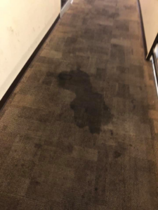 A large, dark stain visible on commercial carpet tiles in a hallway, indicating a need for cleaning by Molina's Carpet Cleaning in Las Vegas, NV.