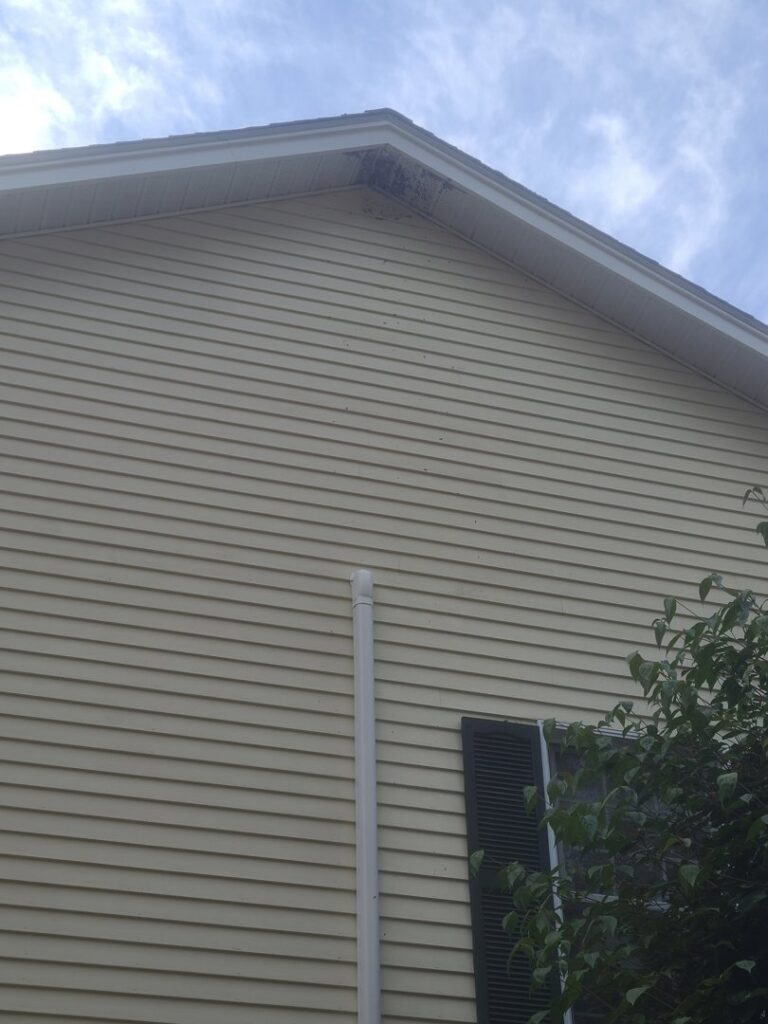 A large wasp or hornet nest clearly visible under the eaves of a house, a common pest issue for J&S Pest Control in Coventry, RI.