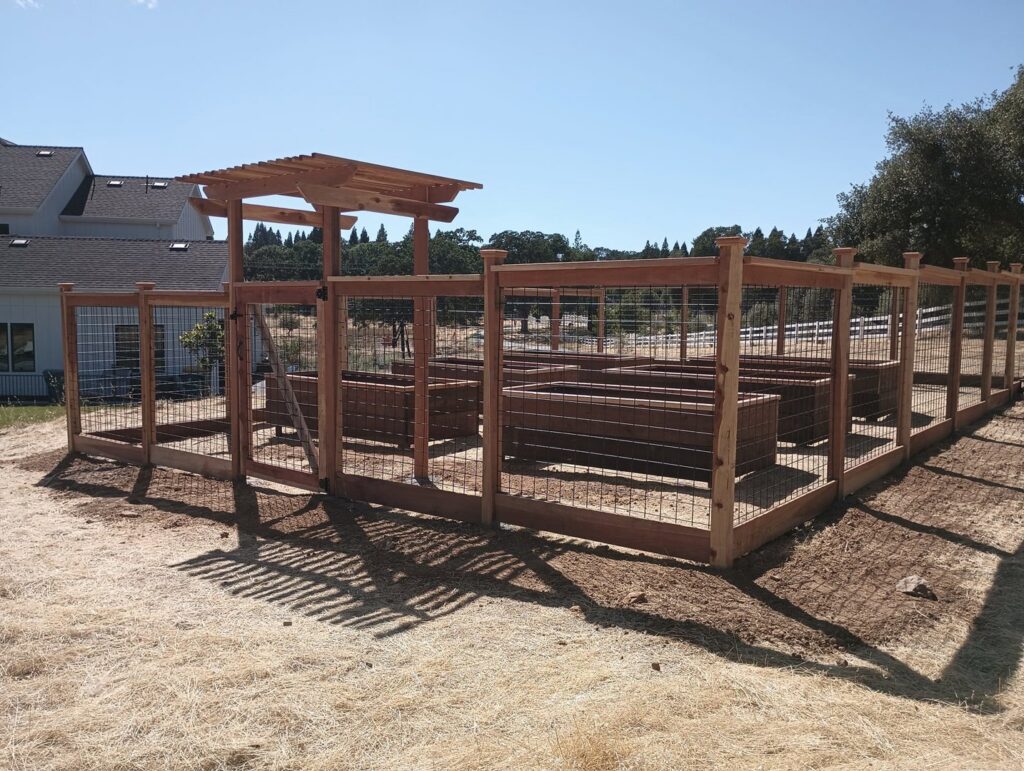 A large wood and wire mesh garden enclosure with a gate built by Sacramento Valley Fencing in Sacramento, CA.