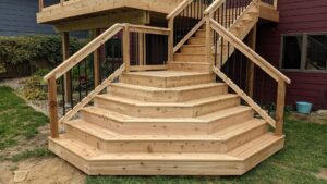 A large wooden deck with multi-level steps and wooden railings with black metal balusters by Babb Custom Fence in Sioux Falls, SD.