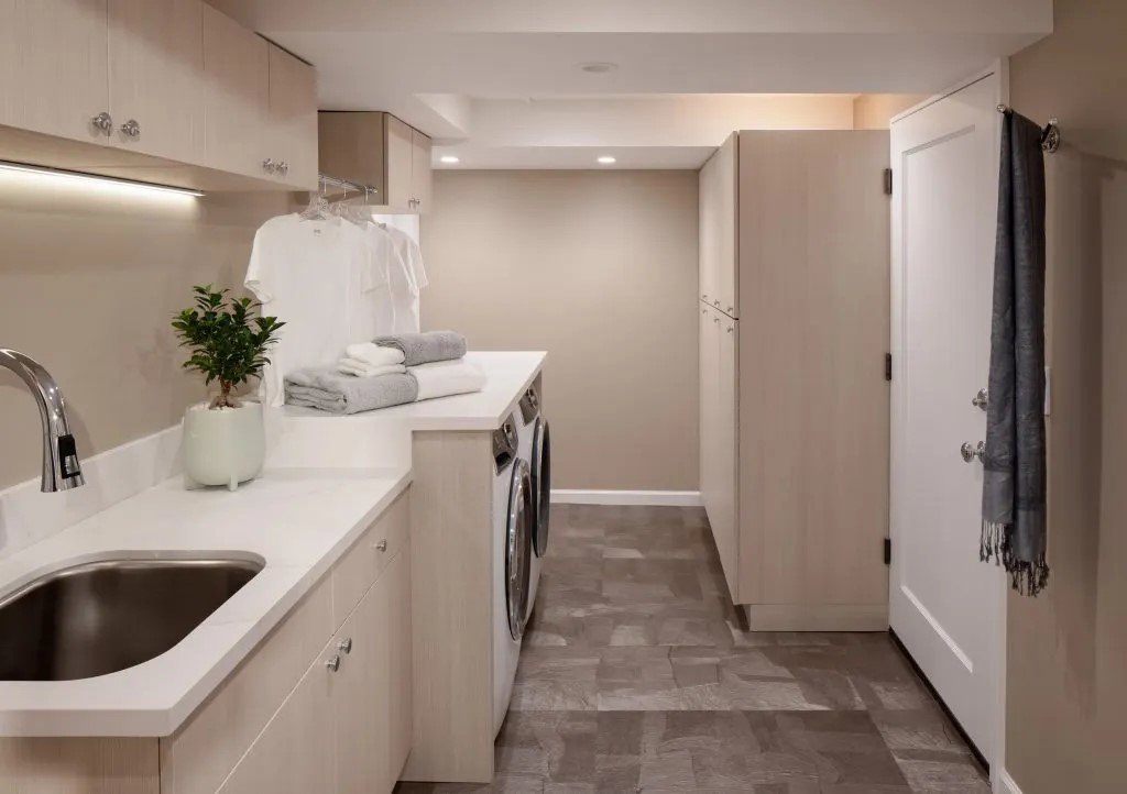 Laundry room with bright under-cabinet lighting and recessed ceiling lights installed by R.C Electric, Inc. in San Francisco, CA