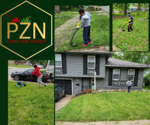 A PZN Lawn Care Service crew mowing, trimming, and blowing leaves on a residential lawn in Kansas City, MO.