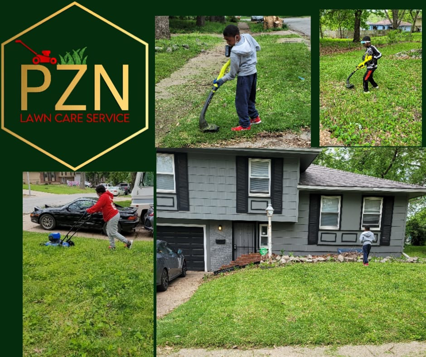 A PZN Lawn Care Service crew mowing, trimming, and blowing leaves on a residential lawn in Kansas City, MO.