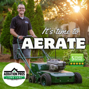 A lawn care professional from Aeration Pros Lawn Care LLC aerating a residential lawn in McFarland, WI.
