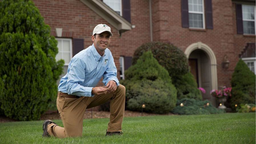 A Lawn Doctor professional kneeling on a healthy green lawn in front of a house in Carmel, IN, inspecting the grass.