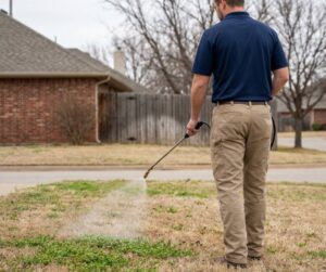 A lawn care technician from C-Green Lawns spraying a residential lawn with a treatment wand in Yukon, OK.