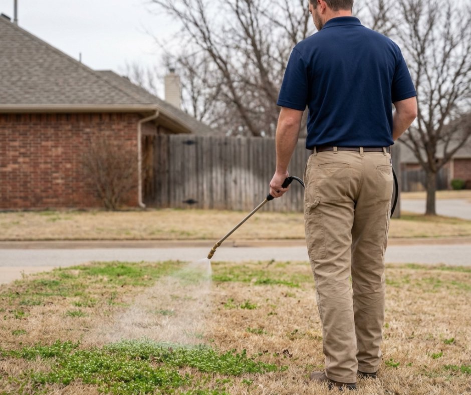 A lawn care technician from C-Green Lawns spraying a residential lawn with a treatment wand in Yukon, OK.