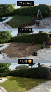 A multi-panel image showing the before, during, and after stages of a lawn installation and renovation project by God's Sight Lawn & Gardens LLC in New Orleans, LA