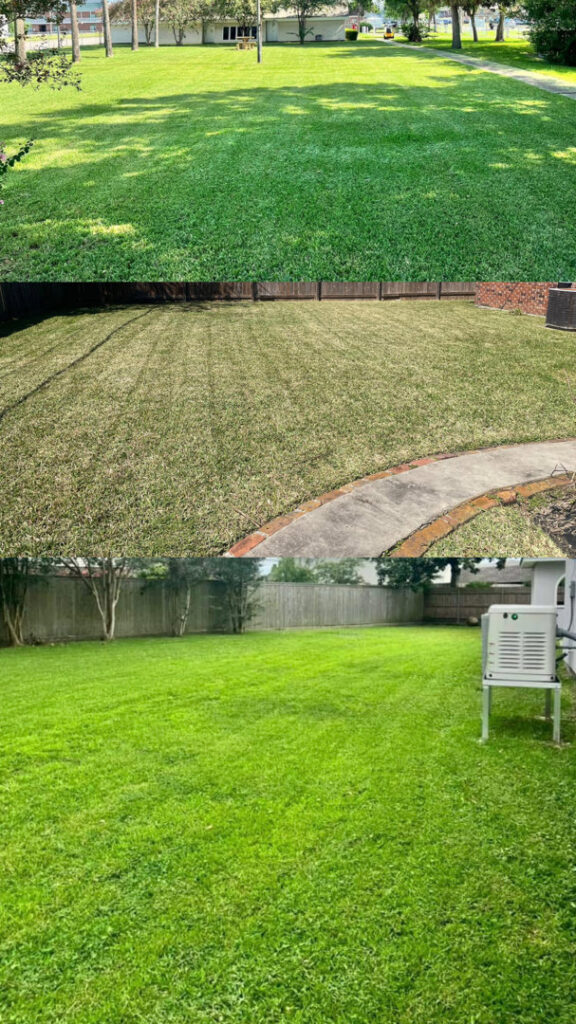 A multi-panel image showcasing a large lawn before and after mowing, demonstrating lawn maintenance by God's Sight Lawn & Gardens LLC in New Orleans, LA