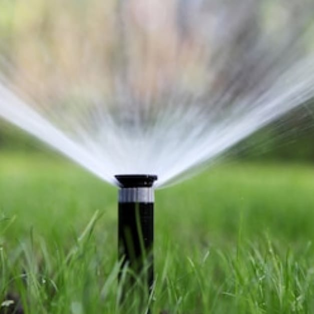 A close-up of a sprinkler head watering a lush green lawn, a service by Mcfaith Lawn Care LLC in New Orleans, LA.