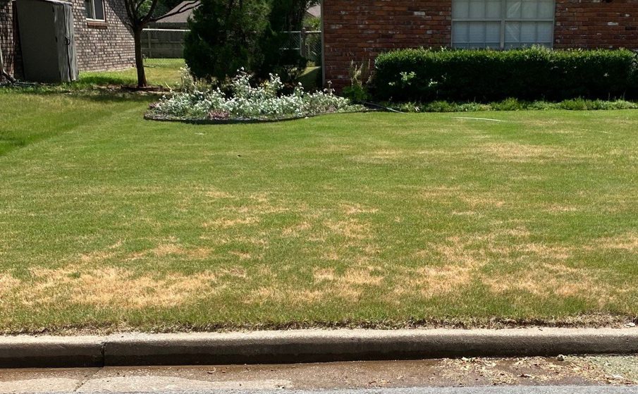 A lawn showing brown, dead patches, indicating a need for pest control services from Pinkston's Turf Services in Tulsa, OK.