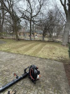 A leaf blower on a brick patio next to a lawn, indicating cleanup services by Geno's Father & Son Lawn Services Llc in Hammond, IN