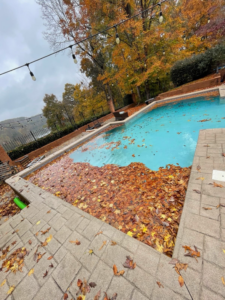 A swimming pool heavily covered with autumn leaves, ready for cleaning by Pristine Pools of Knoxville, TN.