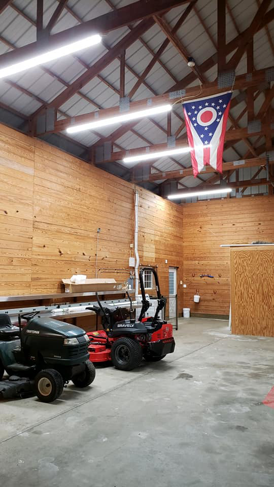 New LED strip lighting installed in a large garage or barn by KC Electric in Pompton Plains, NJ.