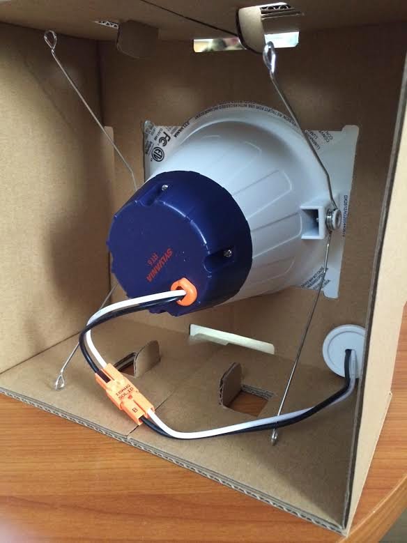 An LED recessed light kit with visible wiring, ready for installation by Soyfer Electric Inc in Northbrook, IL