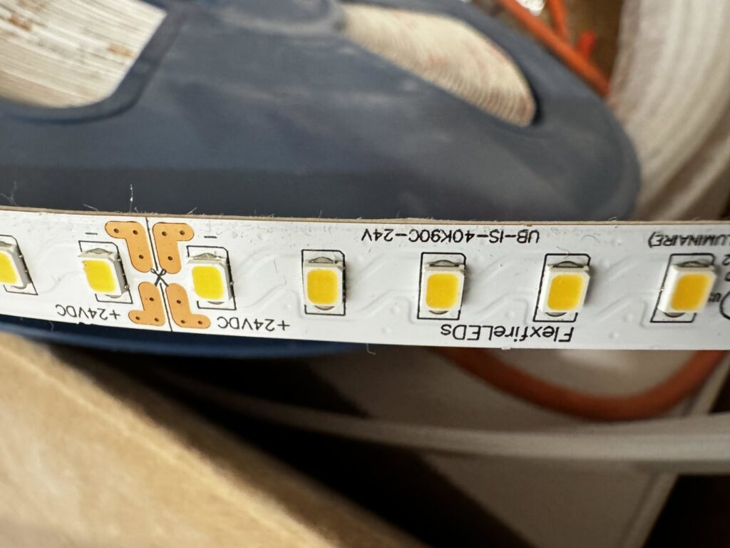 Close-up of LED strip lighting, a component used in installations by Intel-electric in Anchorage, AK