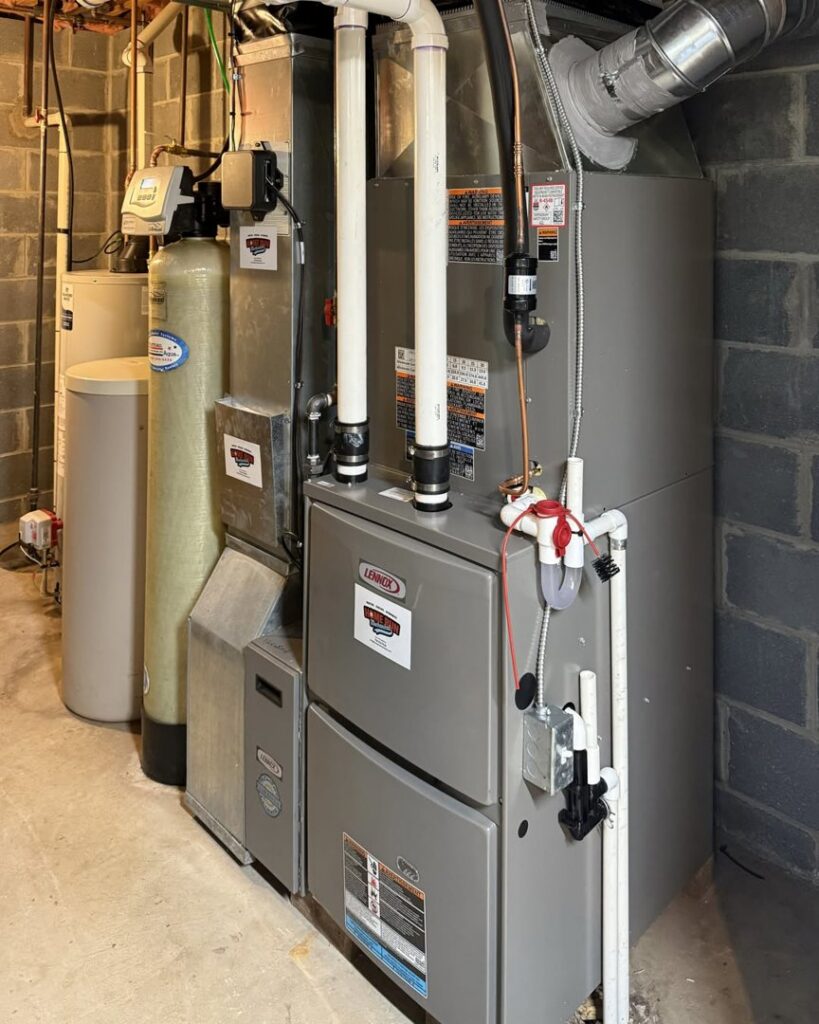 A Lennox furnace, water softener, and water heater installed by Home Run Mechanical in Ann Arbor, MI.