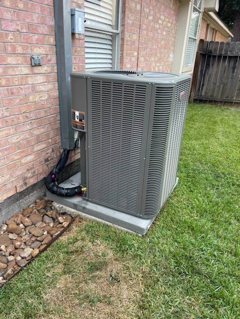 A Lennox HVAC condenser unit newly installed outside a residential home by ProTexAir HVAC Services in Houston, TX.