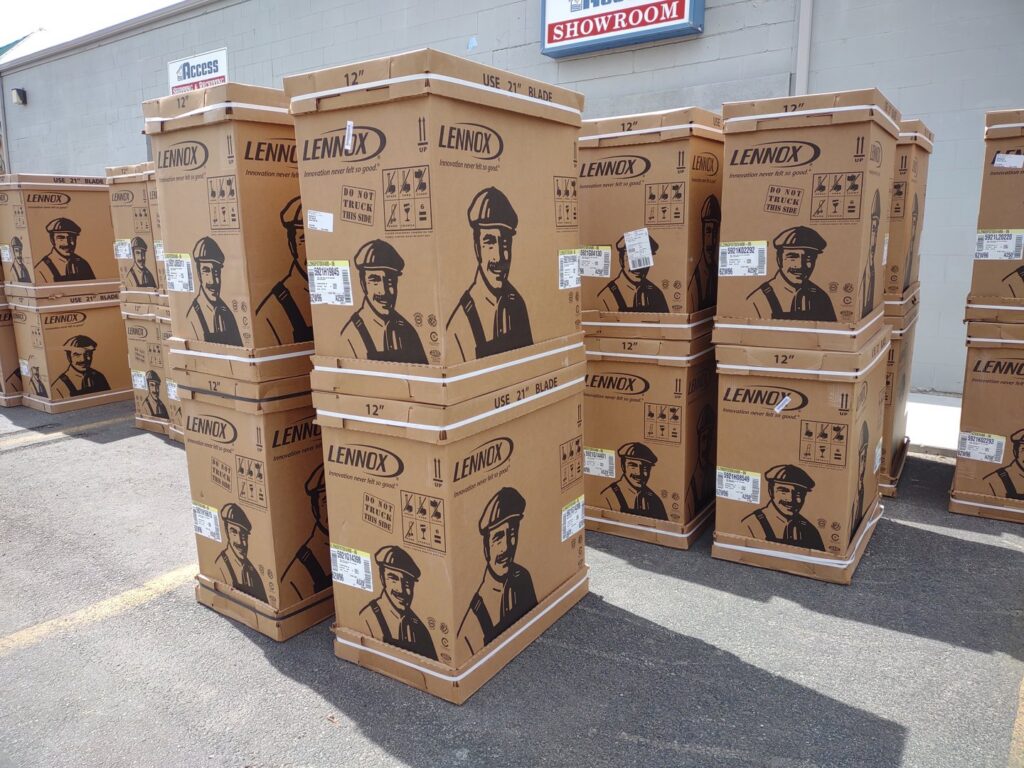 Stacked boxes of Lennox HVAC equipment ready for installation by Access Heating & Air Conditioning in Fredericksburg, VA