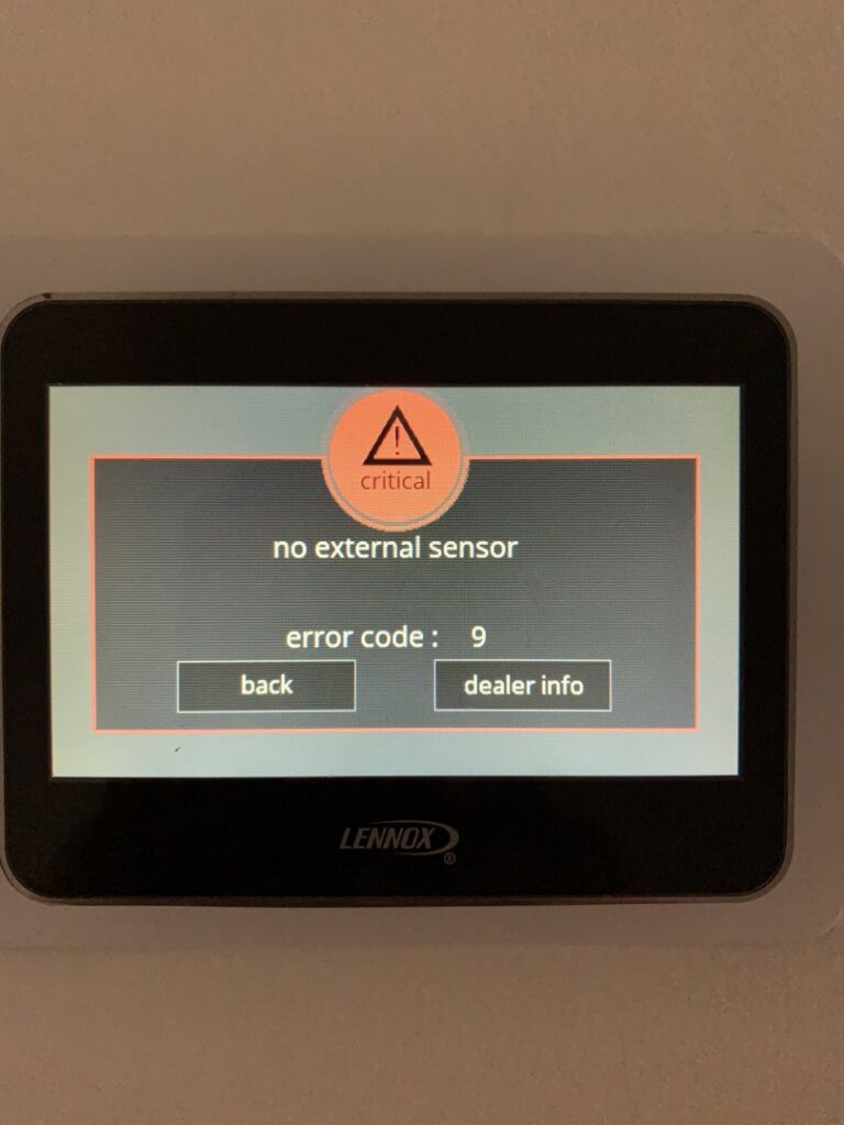 A Lennox thermostat displaying a critical error message serviced by BC Express Inc Heating & Air Conditioning in Toms River, NJ.