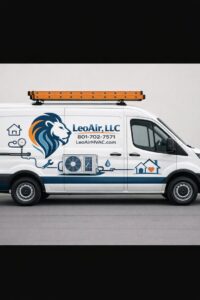 A LeoAir, LLC HVAC service van with company branding and tools in West Jordan, UT.