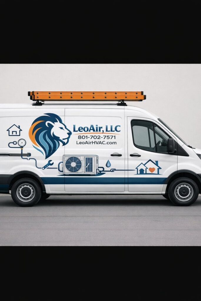 A LeoAir, LLC HVAC service van with company branding and tools in West Jordan, UT.