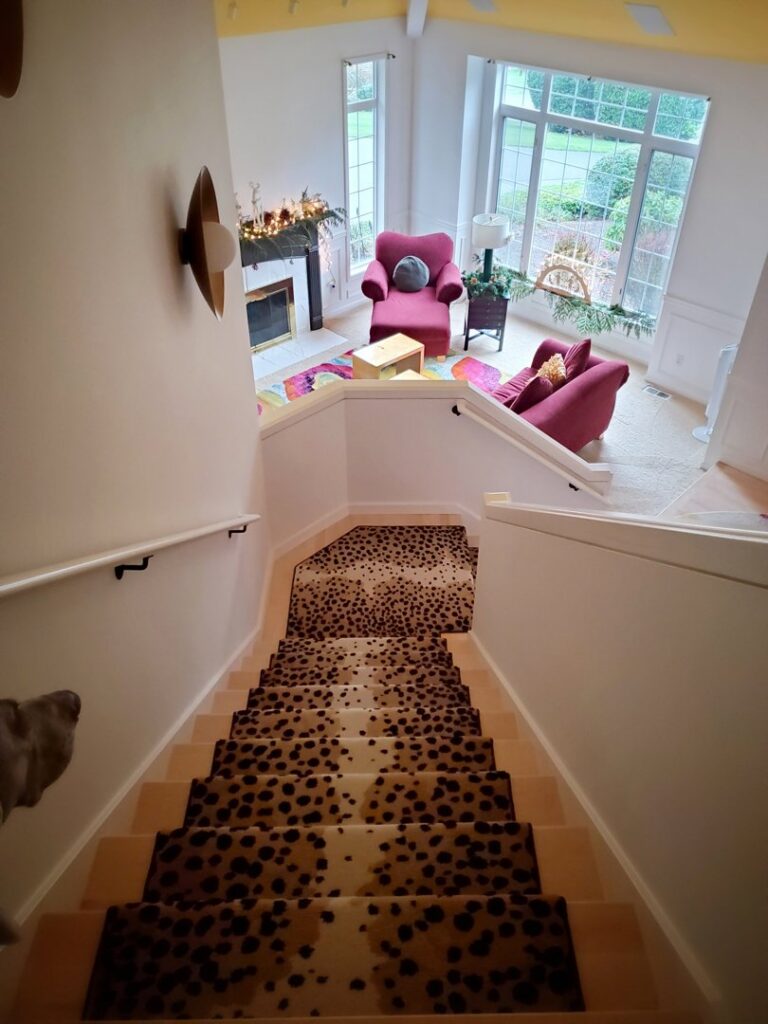 A stylish leopard print carpet stair runner installed by Vogel's Carpet & Flooring in Seattle, WA