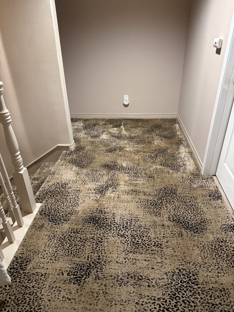 A clean leopard print carpet in a hallway, showcasing work by Mystic Steam Carpet & Upholstery Cleaning in Long Beach, CA