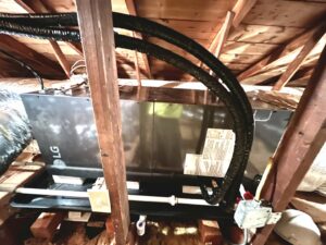 An LG air handler unit installed in an attic space with ductwork by DND Mechanical in Columbus, OH.