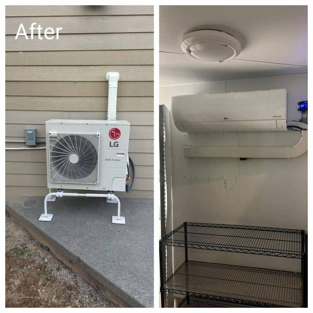 Split image showing LG mini-split indoor and outdoor unit installation by Maddog Contracting LLC in Post Falls, ID.