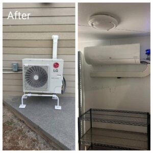 Split image showing LG mini-split indoor and outdoor unit installation by Maddog Contracting LLC in Post Falls, ID.